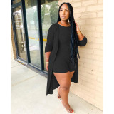 Plus Size Solid Rib Sleeveless Romper+Long Cloak 2 Piece Sets MDF-5153