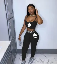 Spades Print Cami Top Long Pants Two Piece Sets LUO-3085