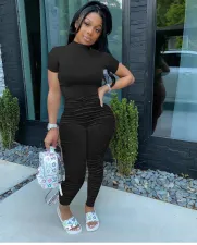 Solid Short Sleeve Ruched Stacked Jumpsuits QZX-6143