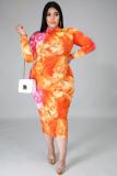 Plus Size 5XL Printed Long Sleeve Midi Dress BMF-003