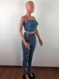 Casual Sexy Cartoon Patch Spaghetti Straps Crop Top Jeans Pants Suit OSM-3283