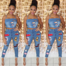 Casual Sexy Cartoon Patch Spaghetti Straps Crop Top Jeans Pants Suit OSM-3283
