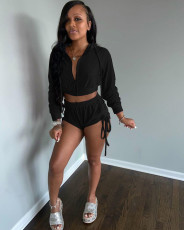Casual Velvet Drawstring Hooded 2 Piece Shorts Set FNN-8518