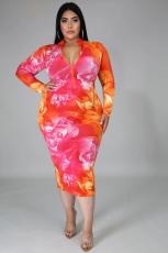 Plus Size 5XL Printed Long Sleeve Midi Dress BMF-003