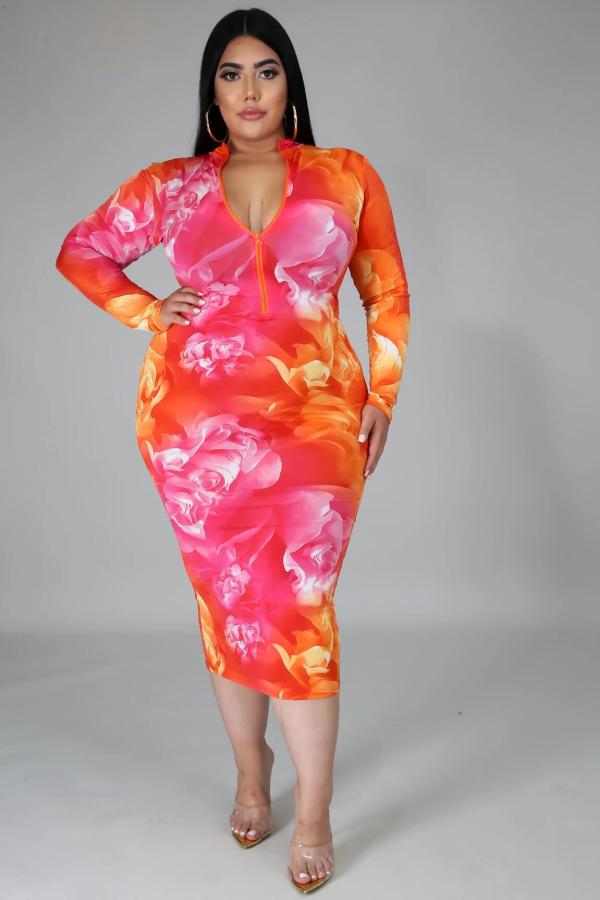 Plus Size 5XL Printed Long Sleeve Midi Dress BMF-003