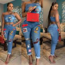 Casual Sexy Cartoon Patch Spaghetti Straps Crop Top Jeans Pants Suit OSM-3283