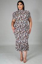 Plus Size 5XL Leopard Short Sleeve Midi Dress BMF-001