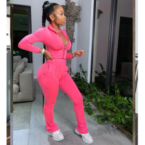 Solid Long Sleeve Zipper Two Piece Pants Set TK-6106