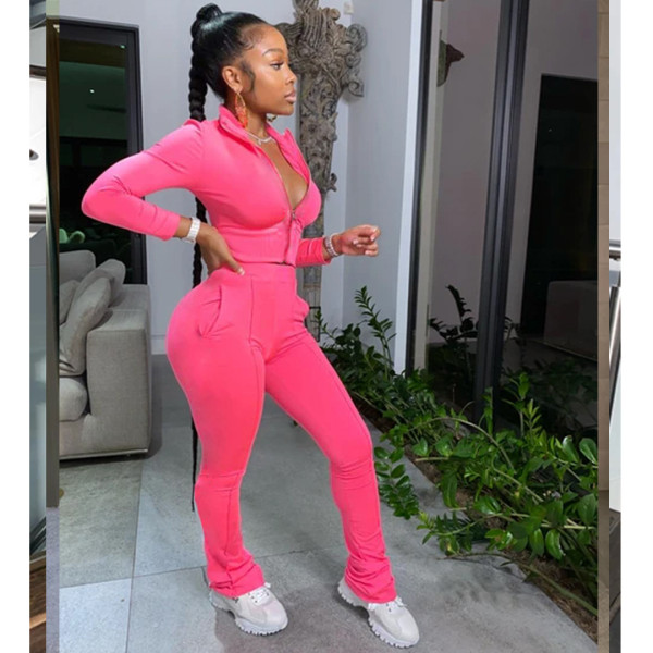 Solid Long Sleeve Zipper Two Piece Pants Set TK-6106