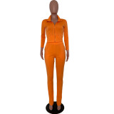 Solid Long Sleeve Zipper Two Piece Pants Set TK-6106
