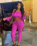 Solid Slash Neck Long Sleeve Two Piece Pants Set AIL-112