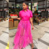 Solid Mesh Patchwork Short Sleeve Maxi Dress LS-0317