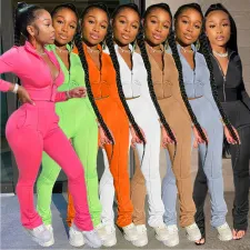 Solid Long Sleeve Zipper Two Piece Pants Set TK-6106