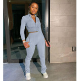 Solid Long Sleeve Zipper Two Piece Pants Set TK-6106