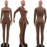 Solid Long Sleeve Zipper Two Piece Pants Set TK-6106