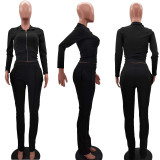 Solid Long Sleeve Zipper Two Piece Pants Set TK-6106