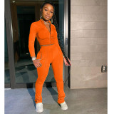 Solid Long Sleeve Zipper Two Piece Pants Set TK-6106