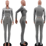 Solid Long Sleeve Zipper Two Piece Pants Set TK-6106