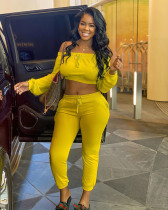 Solid Slash Neck Long Sleeve Two Piece Pants Set AIL-112