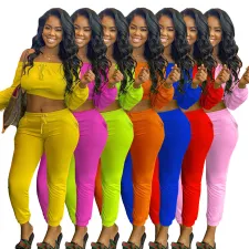 Solid Slash Neck Long Sleeve Two Piece Pants Set AIL-112