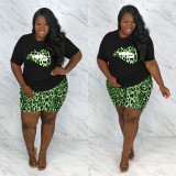 Plus Size 5XL Leopard Lips Print Two Piece Shorts Set OSM-4208