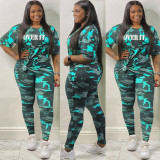 Plus Size Camo Print Letter Two Piece Pants Set OSM-4209