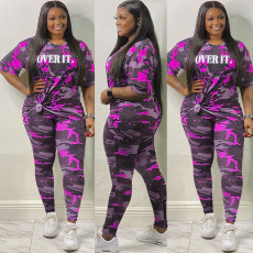 Plus Size Camo Print Letter Two Piece Pants Set OSM2-4209