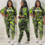 Plus Size Camo Print Letter Two Piece Pants Set OSM-4209