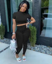 Fashion Solid Color Short Sleeve Shirt Crop Top Stacked Pants Suit QZX-6146