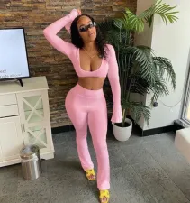 Casual Sexy Solid Color Long-sleeve Pants Two Piece Set QZX-6149