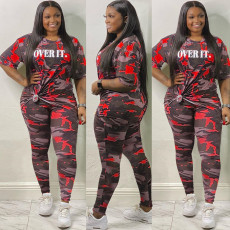 Plus Size Camo Print Letter Two Piece Pants Set OSM2-4209