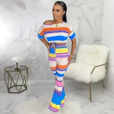 Colorful Striped Short Sleeve Flared Pants 2 Piece Sets SMR-9636