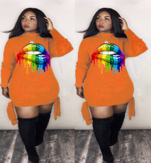 Plus Size Lips Print Long Sleeve Mini Dress LM-8173