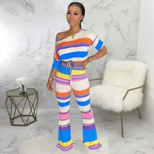 Colorful Striped Short Sleeve Flared Pants 2 Piece Sets SMR-9636