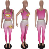 Gradient Lips Print Tank Top Long Pants 2 Piece Suits LM-8174