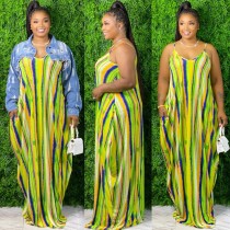 Colorful Striped V Neck Spaghetti Strap Loose Maxi Dress SMR-9661