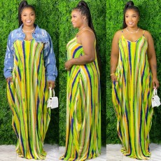 Colorful Striped V Neck Spaghetti Strap Loose Maxi Dress SMR-9661