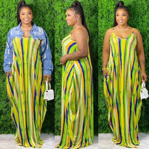 Colorful Striped V Neck Spaghetti Strap Loose Maxi Dress SMR-9661