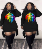 Plus Size Lips Print Long Sleeve Mini Dress LM-8173