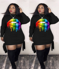 Plus Size Lips Print Long Sleeve Mini Dress LM-8173
