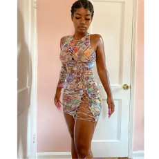 Sexy Printed One Sleeves Hollow Mini Dress MDF-5156