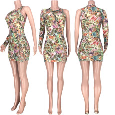 Sexy Printed One Sleeves Hollow Mini Dress MDF-5156