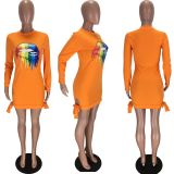 Plus Size Lips Print Long Sleeve Mini Dress LM-8173