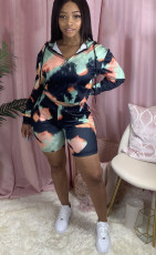 Casual Printed Hooded Long Sleeve 2 Piece Shorts Set JH-179