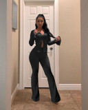 Plus Size Solid Long Sleeve Zipper Flared Pants 2 Piece Sets HM-6336