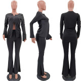 Plus Size Solid Long Sleeve Zipper Flared Pants 2 Piece Sets HM-6336