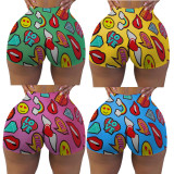 Plus Size Sexy Lips Printed Skinny Mini Shorts LUO-3093