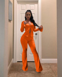 Plus Size Solid Long Sleeve Zipper Flared Pants 2 Piece Sets HM-6336