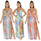 Sexy Printed Strapless High Split Maxi Dress SMR-9655