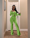 Plus Size Solid Long Sleeve Zipper Flared Pants 2 Piece Sets HM-6336